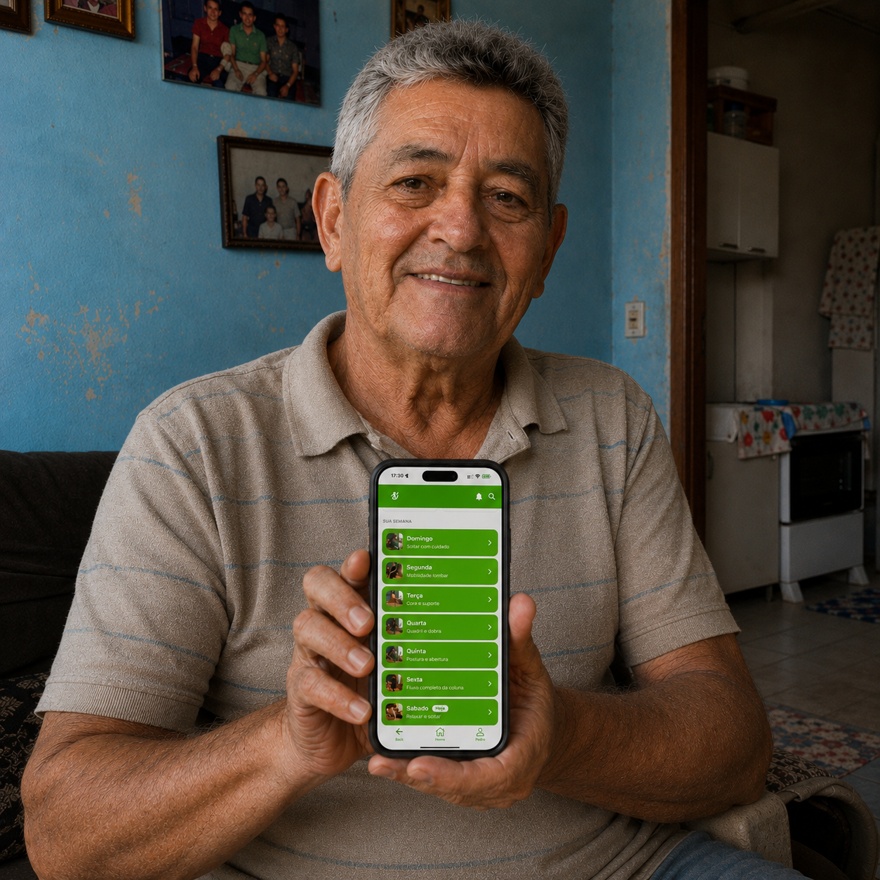 Roberto, segurando o celular com o programa aberto, de volta em casa com as compras.